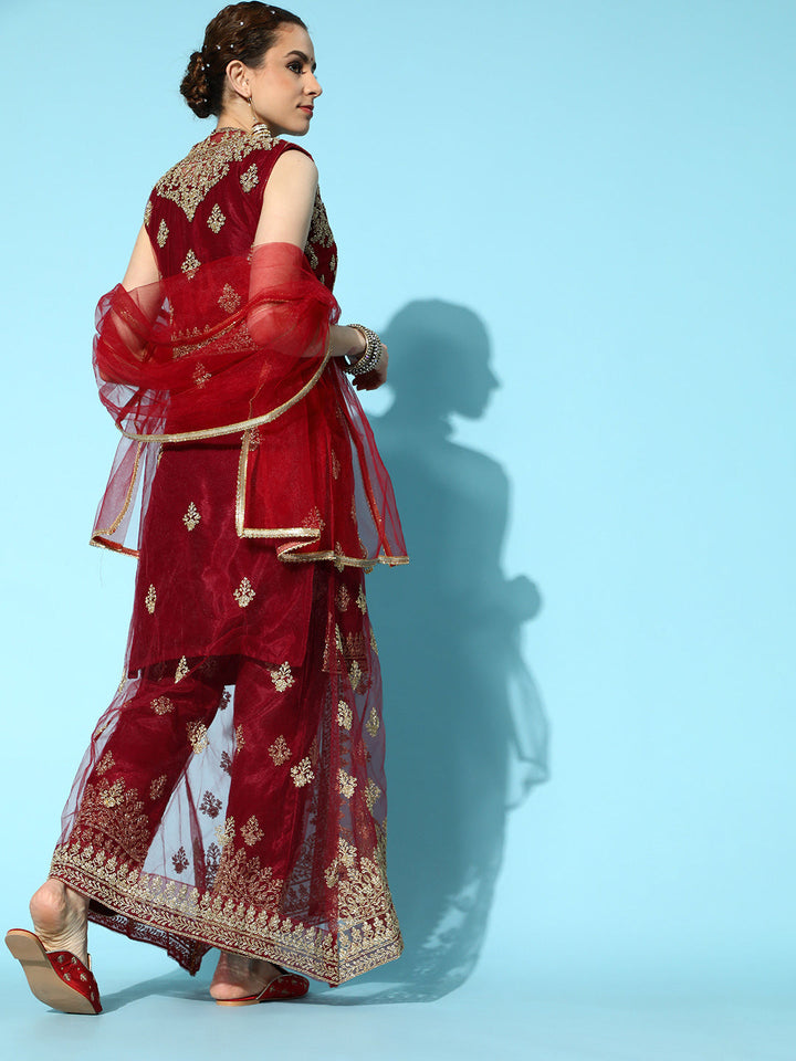 Maroon Net Suit Set with matching Long Jacket & dupatta