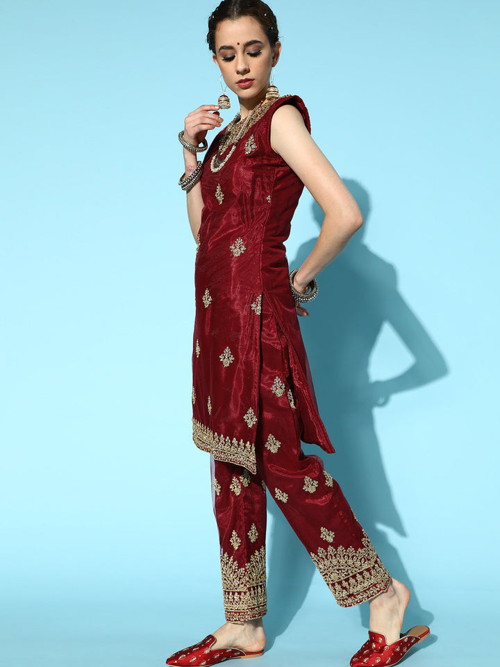 Maroon Net Suit Set with matching Long Jacket & dupatta