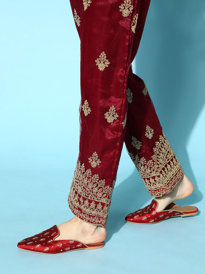Maroon Net Suit Set with matching Long Jacket & dupatta