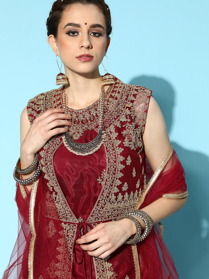 Maroon Net Suit Set with matching Long Jacket & dupatta