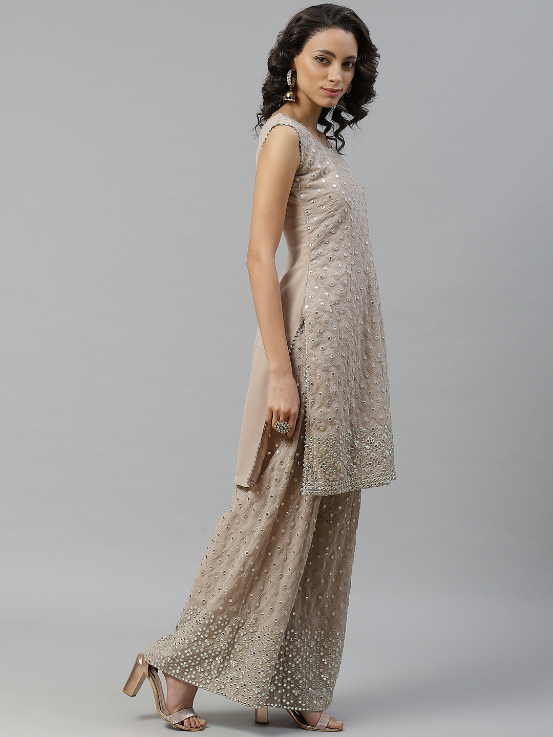 Made to Measure Gota Patti & Mirror Embroidery Kurta Pallazo Set With Scallops Dupatta