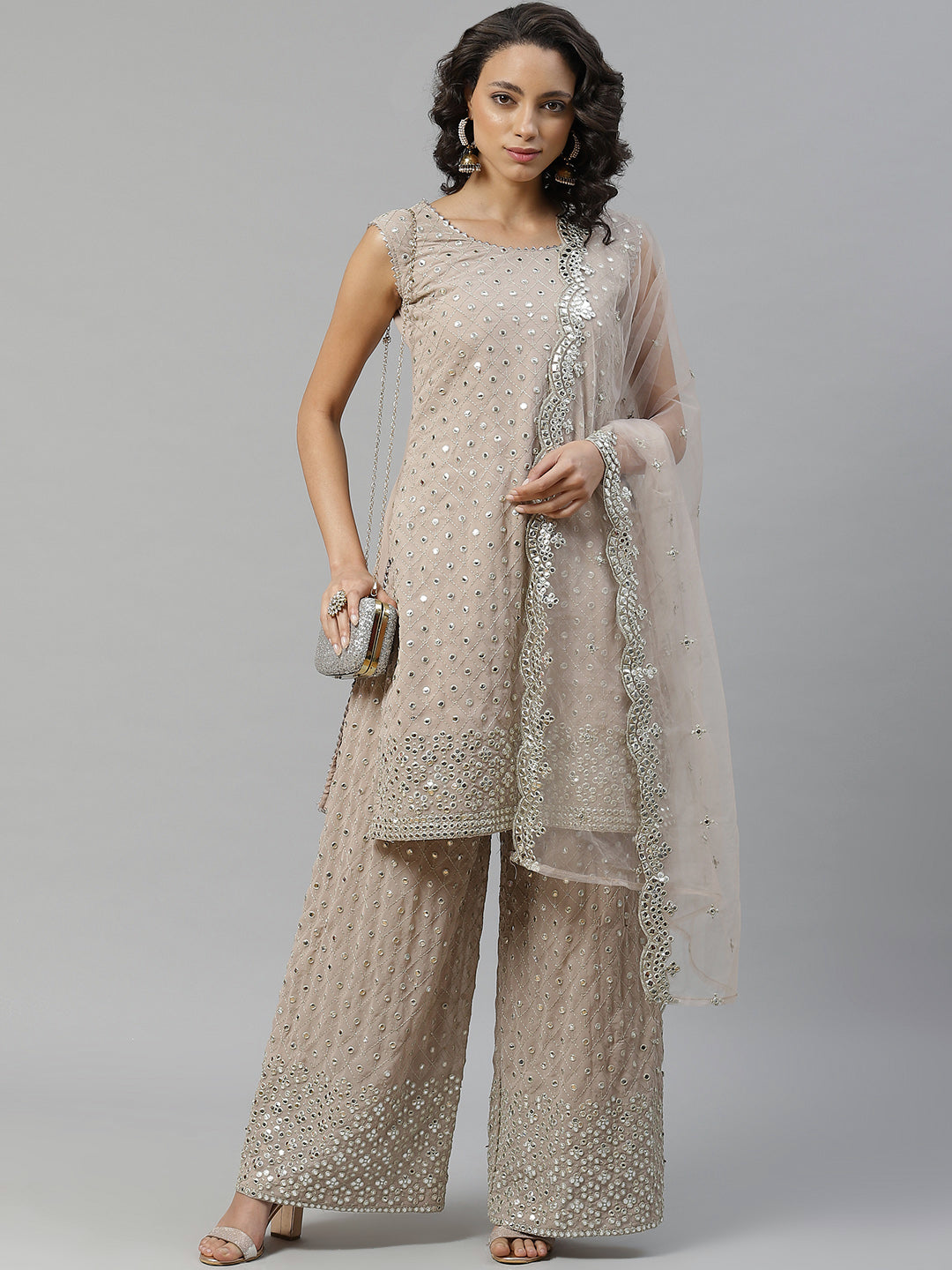 Made to Measure Gota Patti & Mirror Embroidery Kurta Pallazo Set With Scallops Dupatta