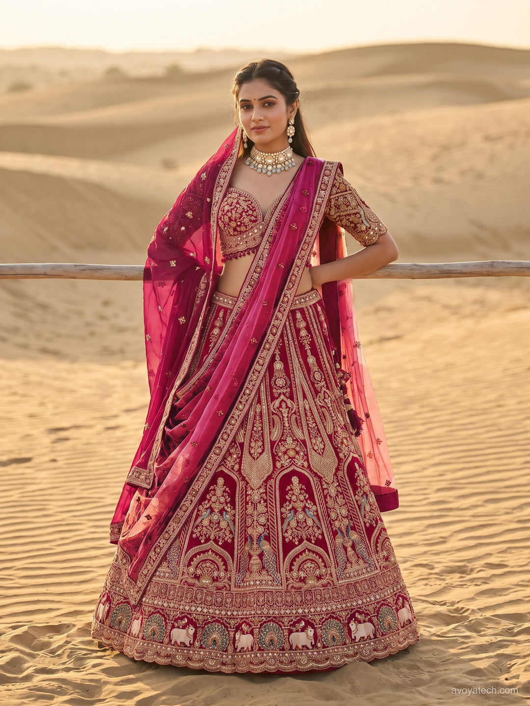 Bridal Heavy Embroidered Lehenga Choli Set with 2 Dupatta