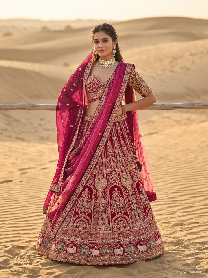 Bridal Heavy Embroidered Lehenga Choli Set with 2 Dupatta