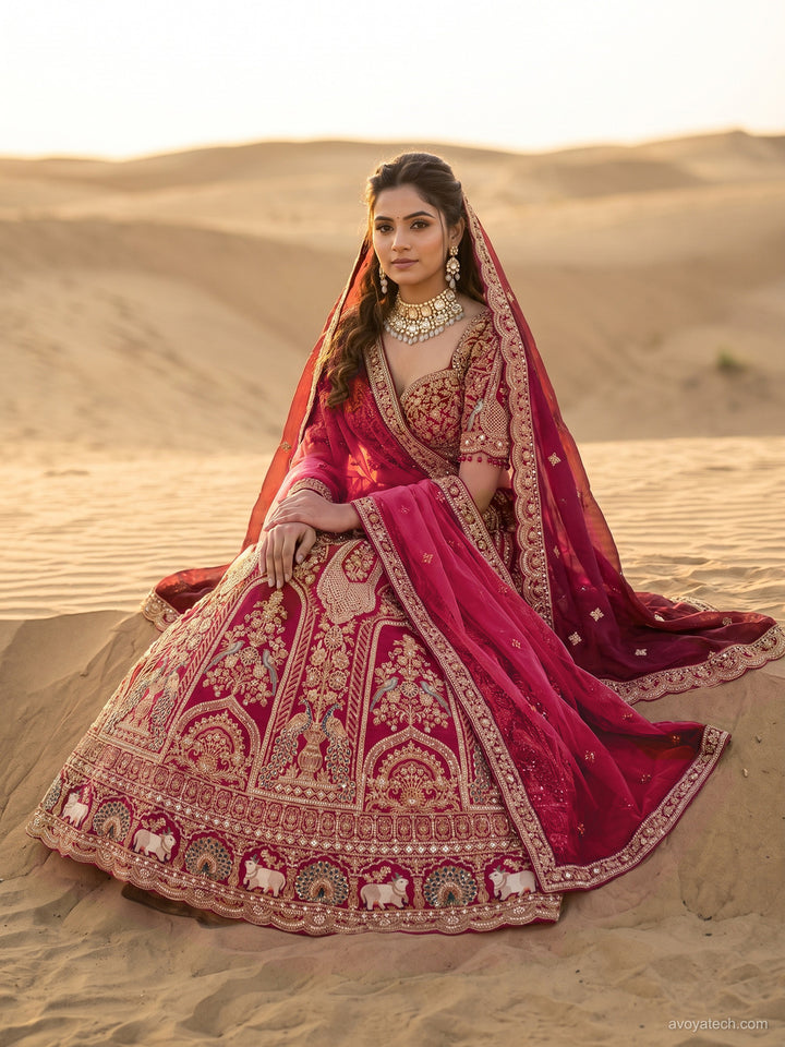 Bridal Heavy Embroidered Lehenga Choli Set with 2 Dupatta