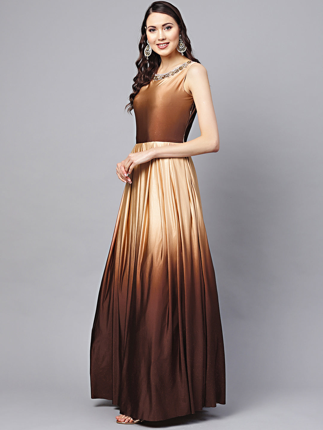 Ombre Brown Shimmer Cocktail Gown with Kundan Neckline