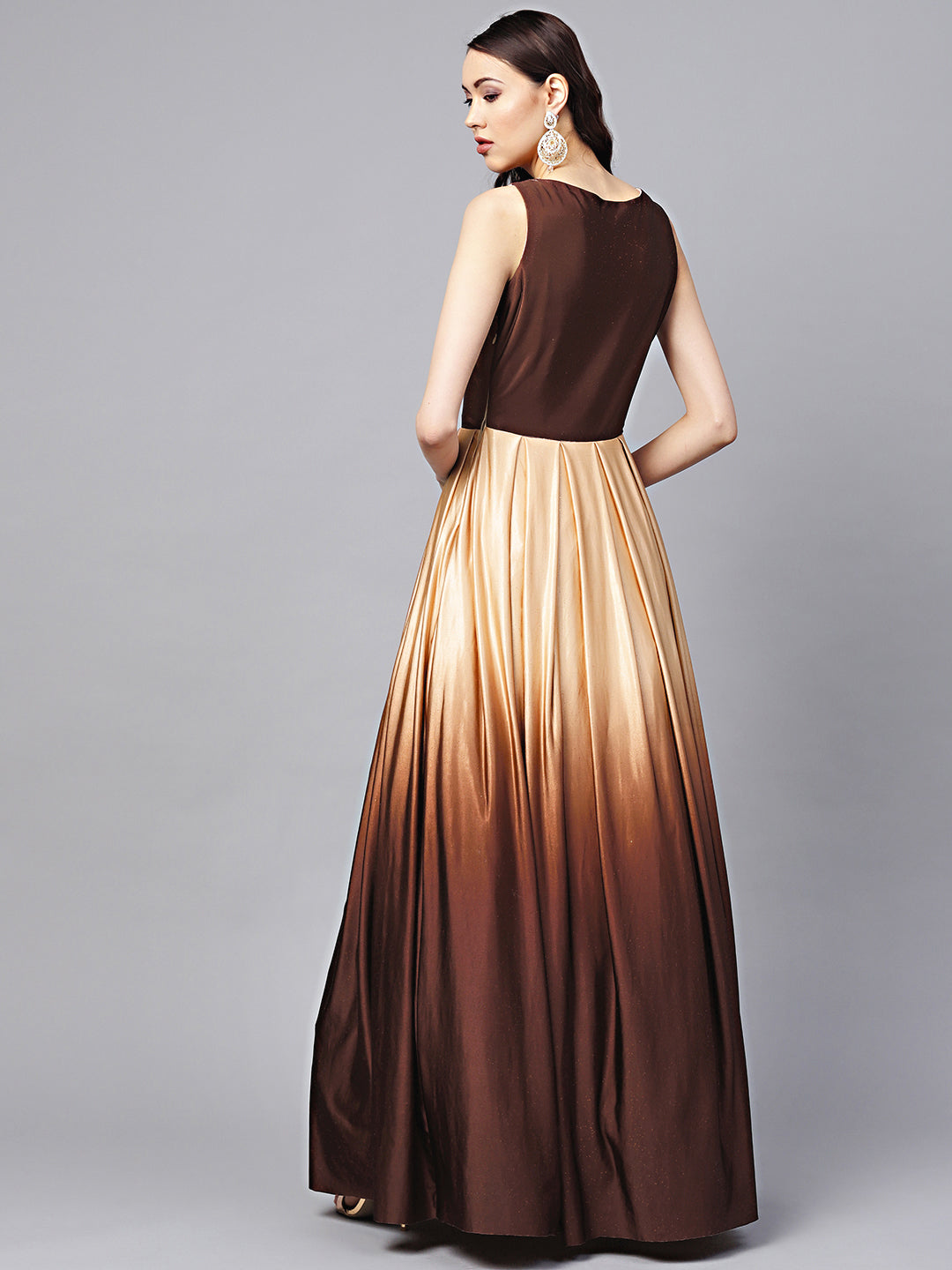 Ombre Brown Shimmer Cocktail Gown with Kundan Neckline