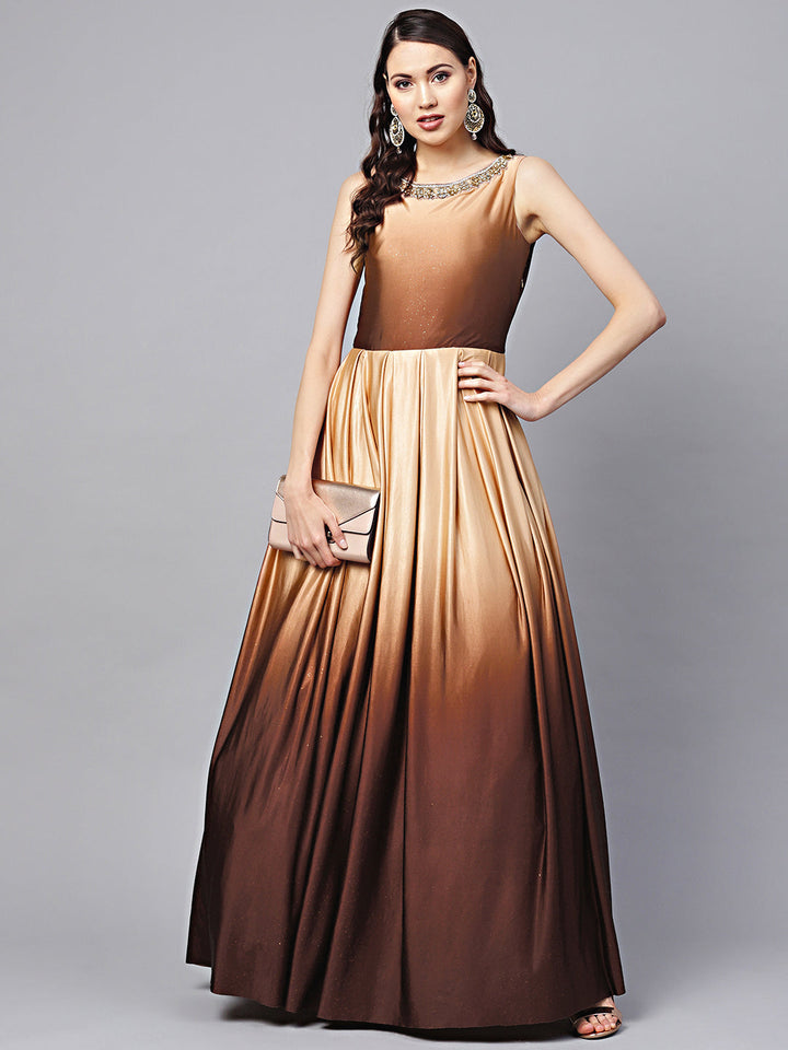 Ombre Brown Shimmer Cocktail Gown with Kundan Neckline