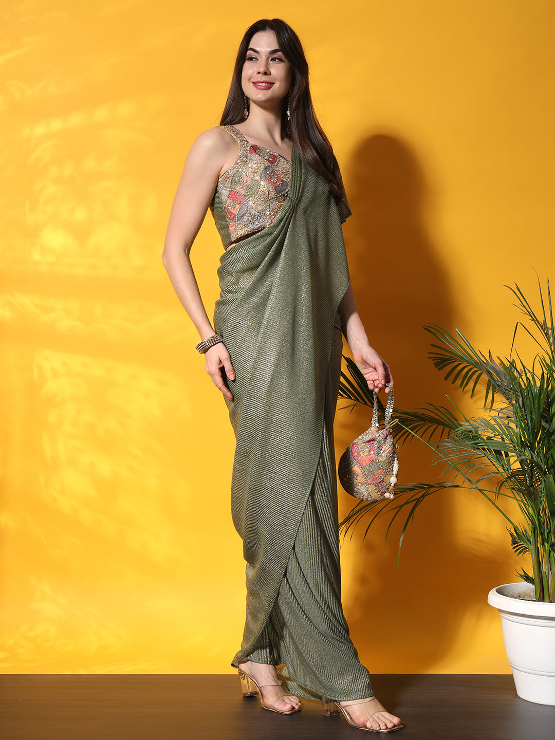 Chhabra 555 Pre-stitched Embellished Draped Saree With Multicolor Resham Embroidered Blouse & Purse