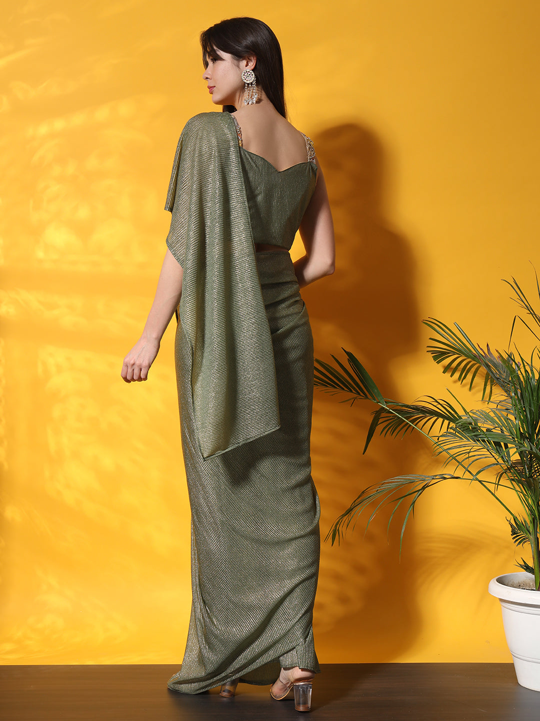 Draped Saree With Multicolor Resham Embroidered Blouse & Purse