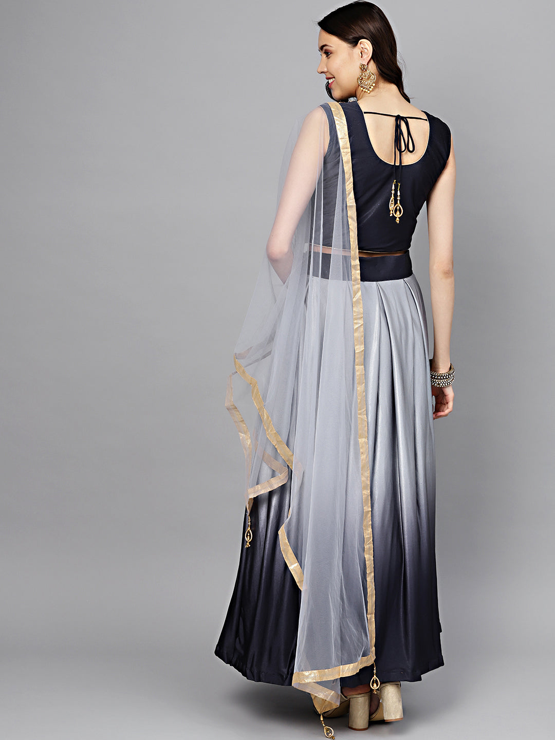 Shimmer Ombre Crop Top Lehenga with Kundan Work