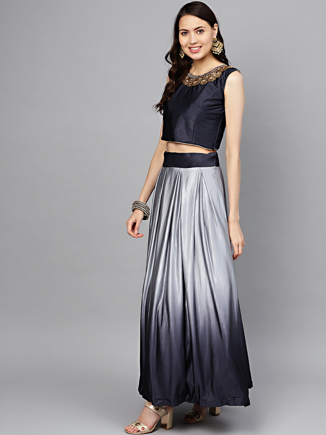 Shimmer Ombre Crop Top Lehenga with Kundan Work