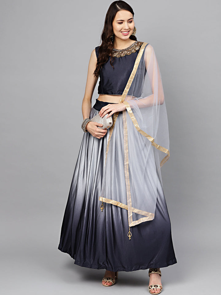 Shimmer Ombre Crop Top Lehenga with Kundan Work