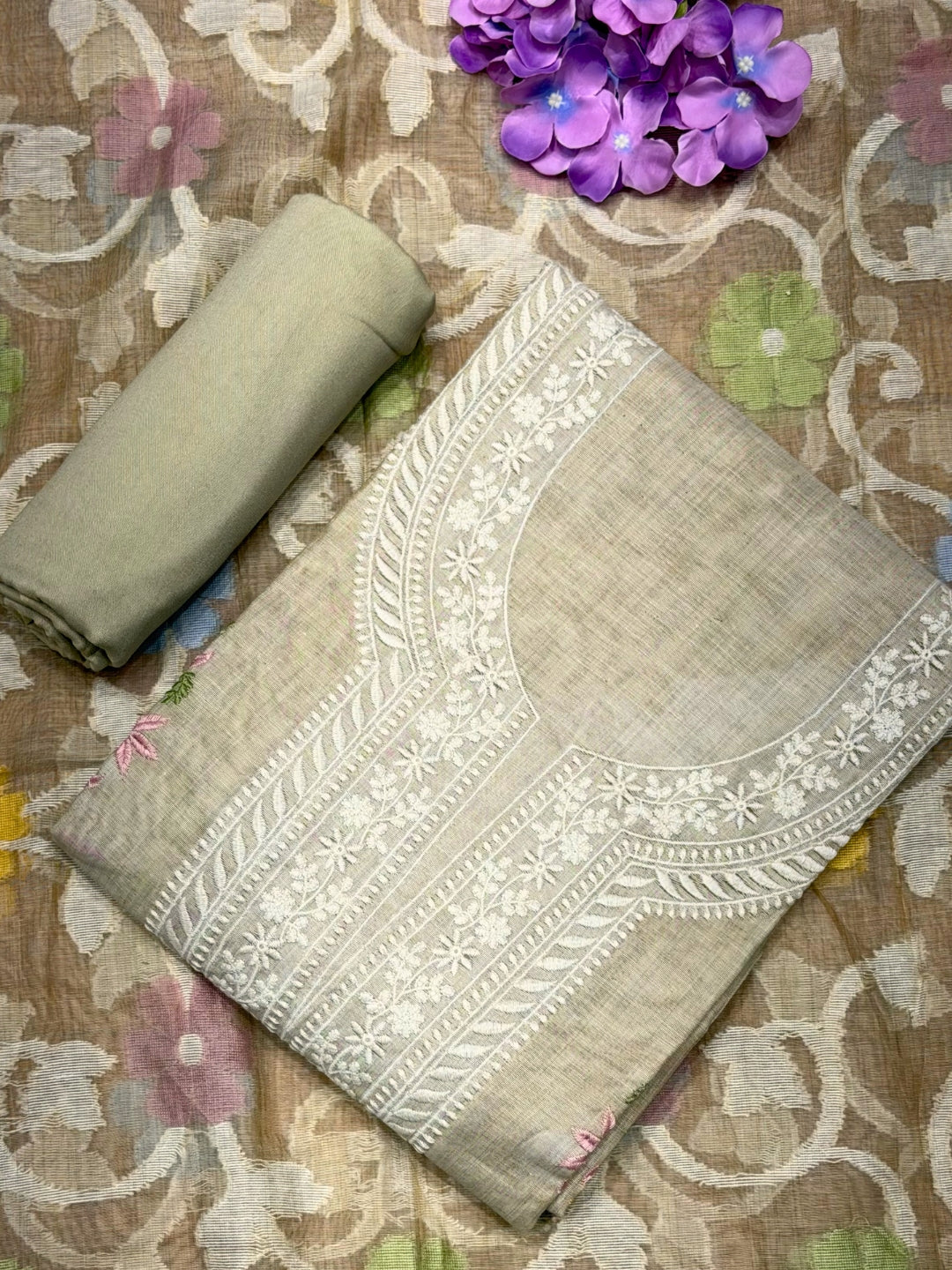 Resham Embroidered South Cotton Unstitched Suit with Jamdani Floral Pattern Dupatta
