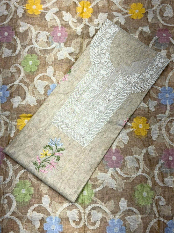 Resham Embroidered South Cotton Unstitched Suit with Jamdani Floral Pattern Dupatta