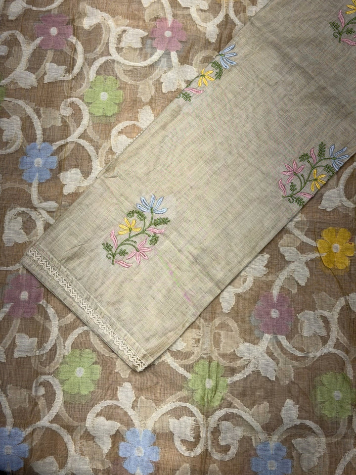 Resham Embroidered South Cotton Unstitched Suit with Jamdani Floral Pattern Dupatta