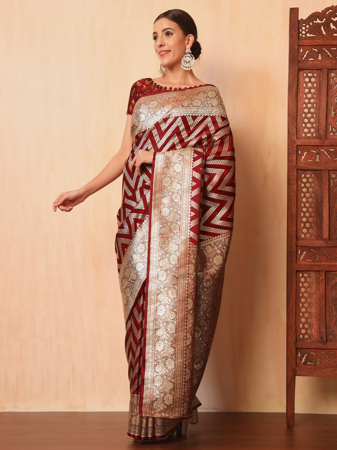 Maroon Kanjeevaram Banarasi Silk Zari Handwoven Saree
