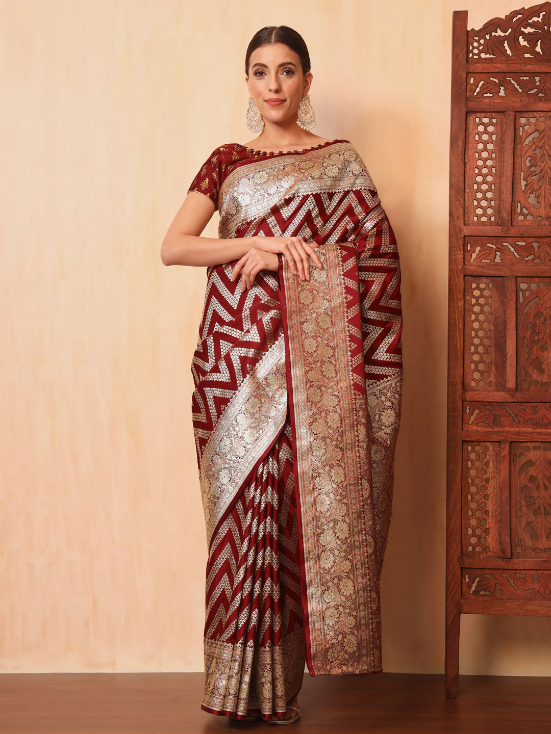Maroon Kanjeevaram Banarasi Silk Zari Handwoven Saree