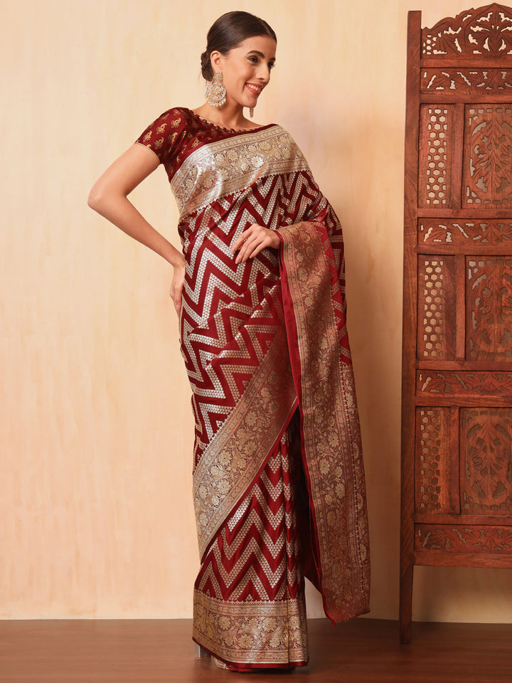 Maroon Kanjeevaram Banarasi Silk Zari Handwoven Saree