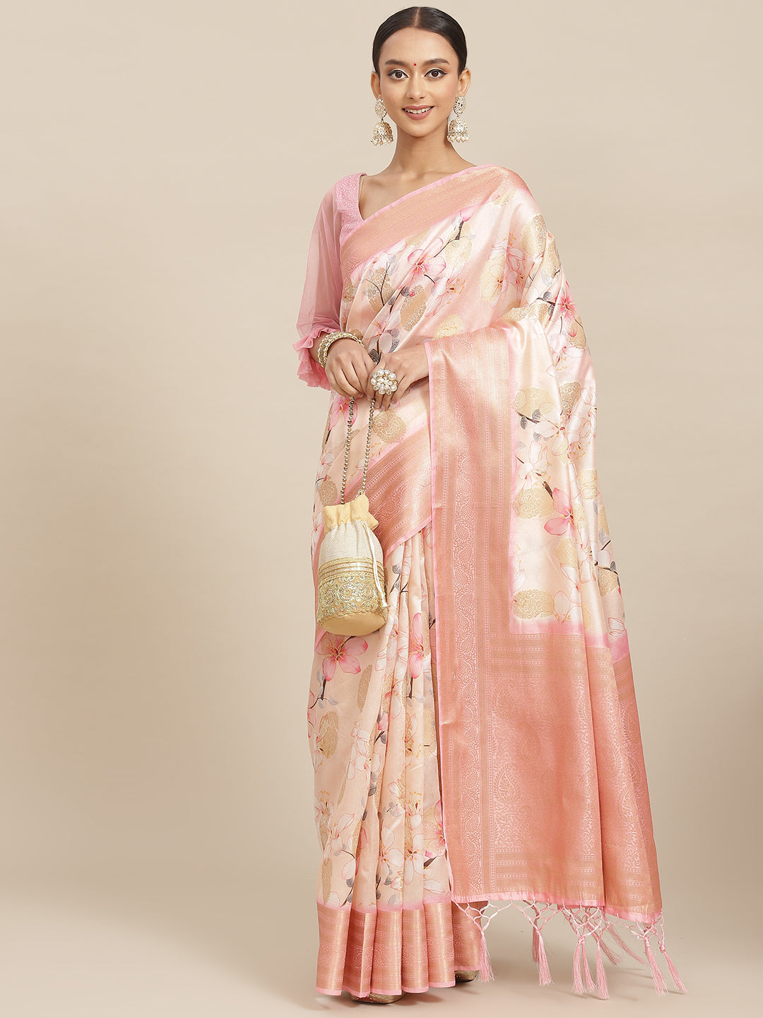 Pastel Peach Floral Digital Printed & Woven Embellished Handloom Saree