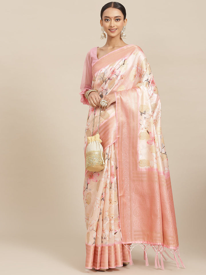 Pastel Peach Floral Digital Printed & Woven Embellished Handloom Saree