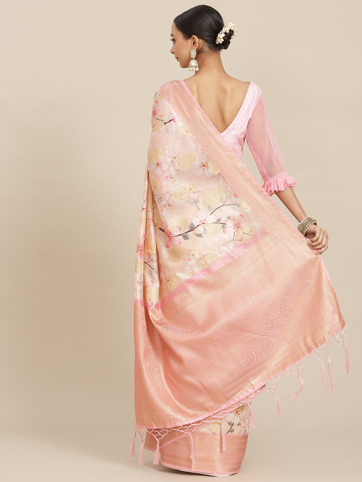 Pastel Peach Floral Digital Printed & Woven Embellished Handloom Saree
