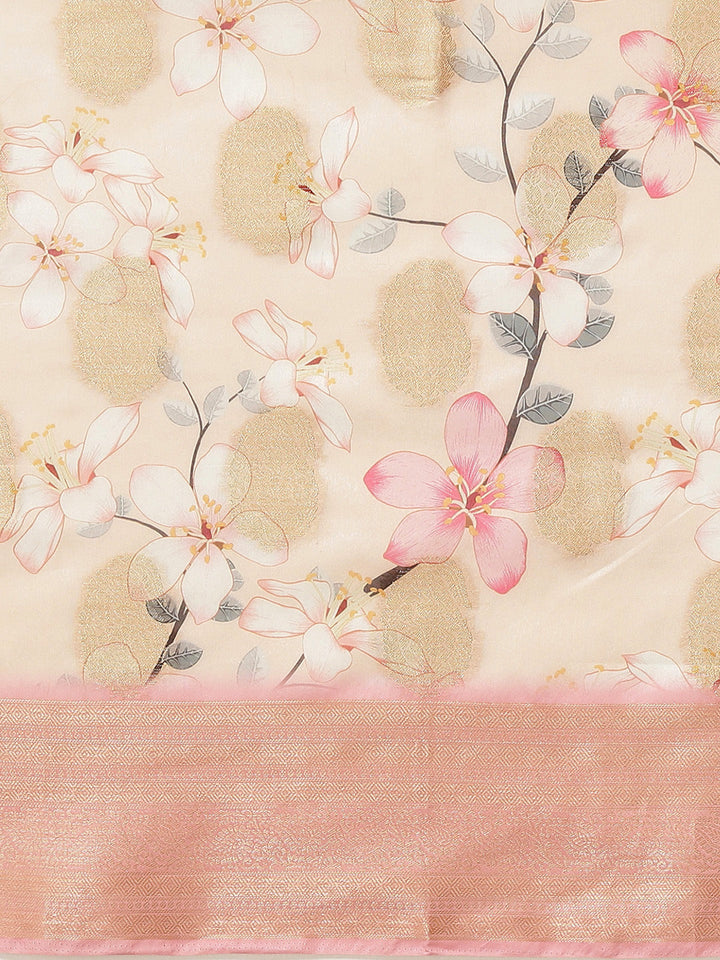 Pastel Peach Floral Digital Printed & Woven Embellished Handloom Saree