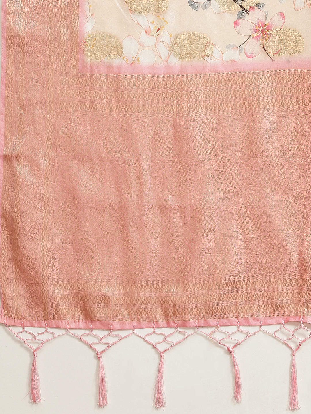 Pastel Peach Floral Digital Printed & Woven Embellished Handloom Saree