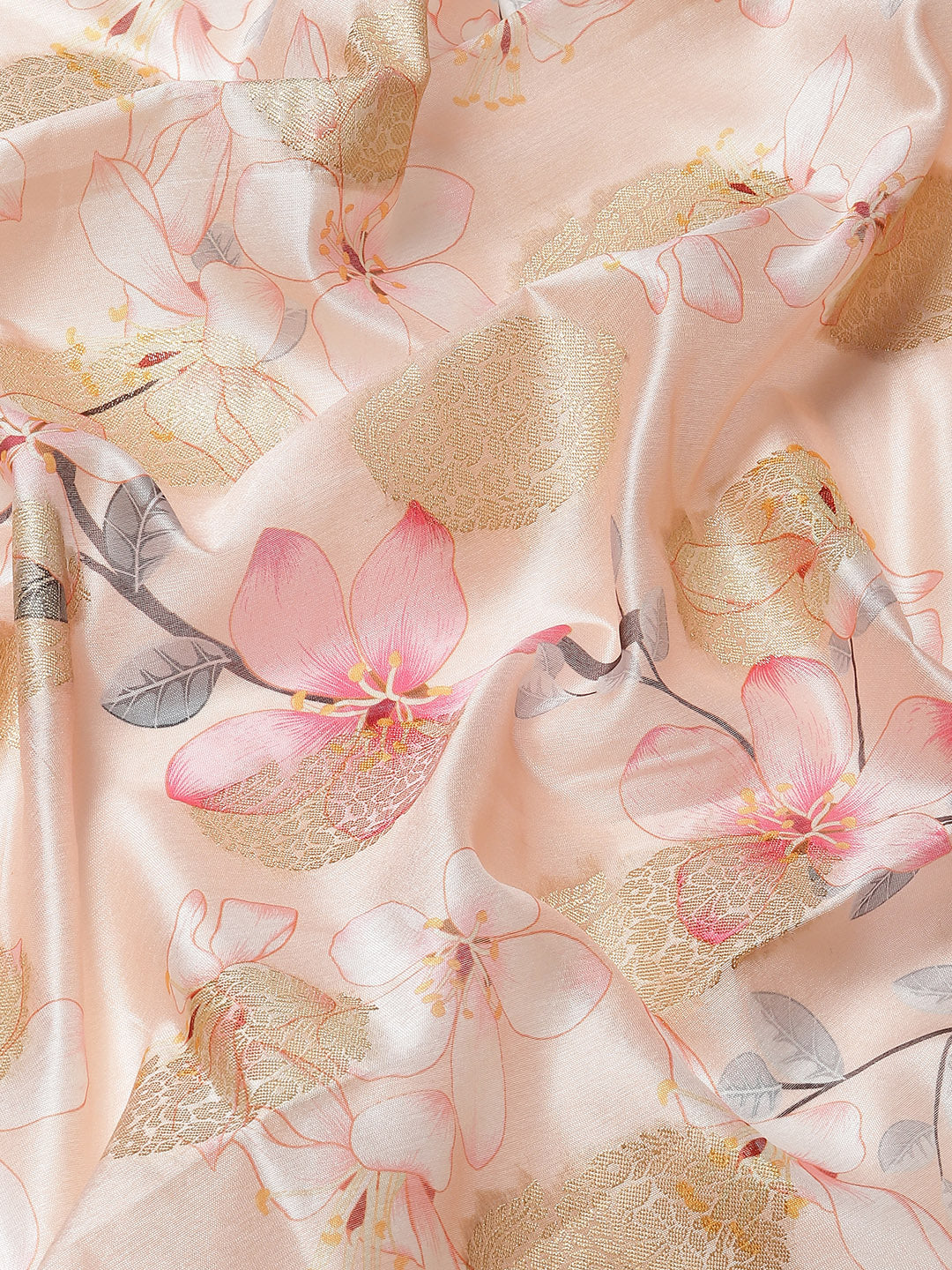 Pastel Peach Floral Digital Printed & Woven Embellished Handloom Saree