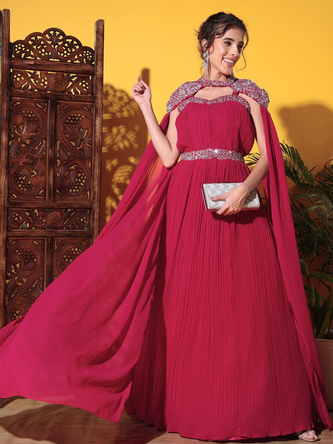 Chhabra 555 Zircon Embellished Cocktail gown with Accordian Pleats & Removable Waterfall sleeves