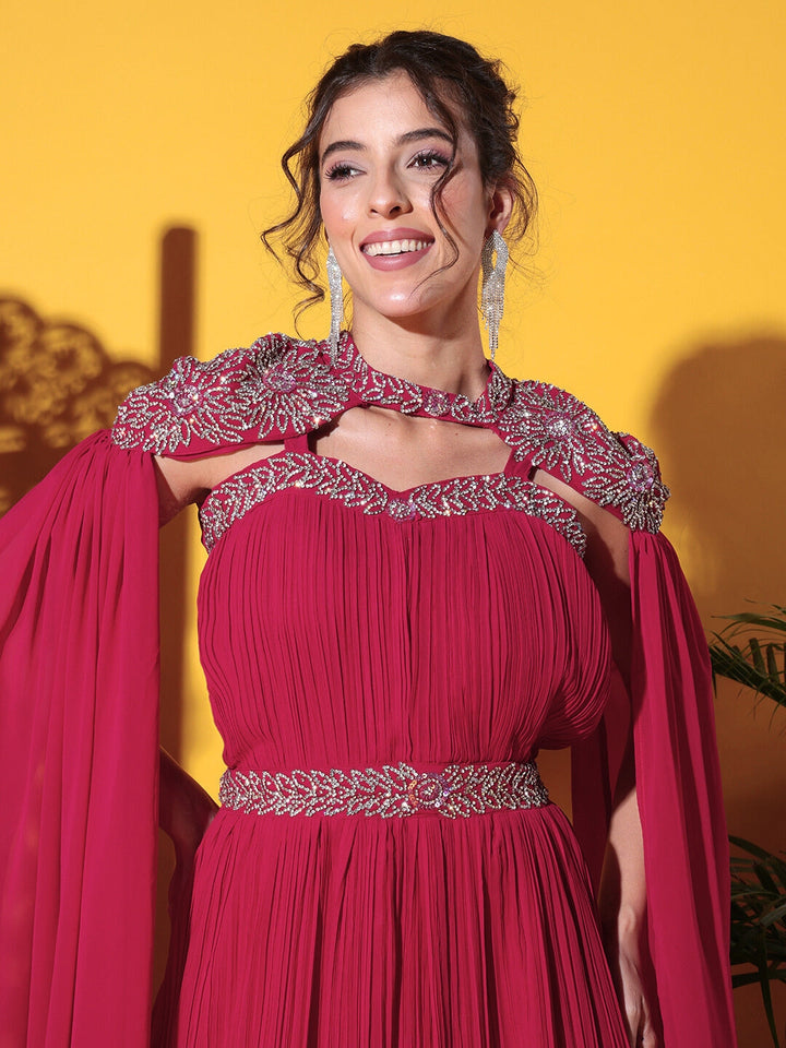 Zircon Embellished Cocktail gown with Accordian Pleats & Removable Waterfall sleeves