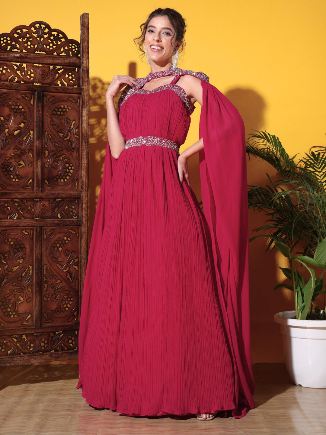 Zircon Embellished Cocktail gown with Accordian Pleats & Removable Waterfall sleeves
