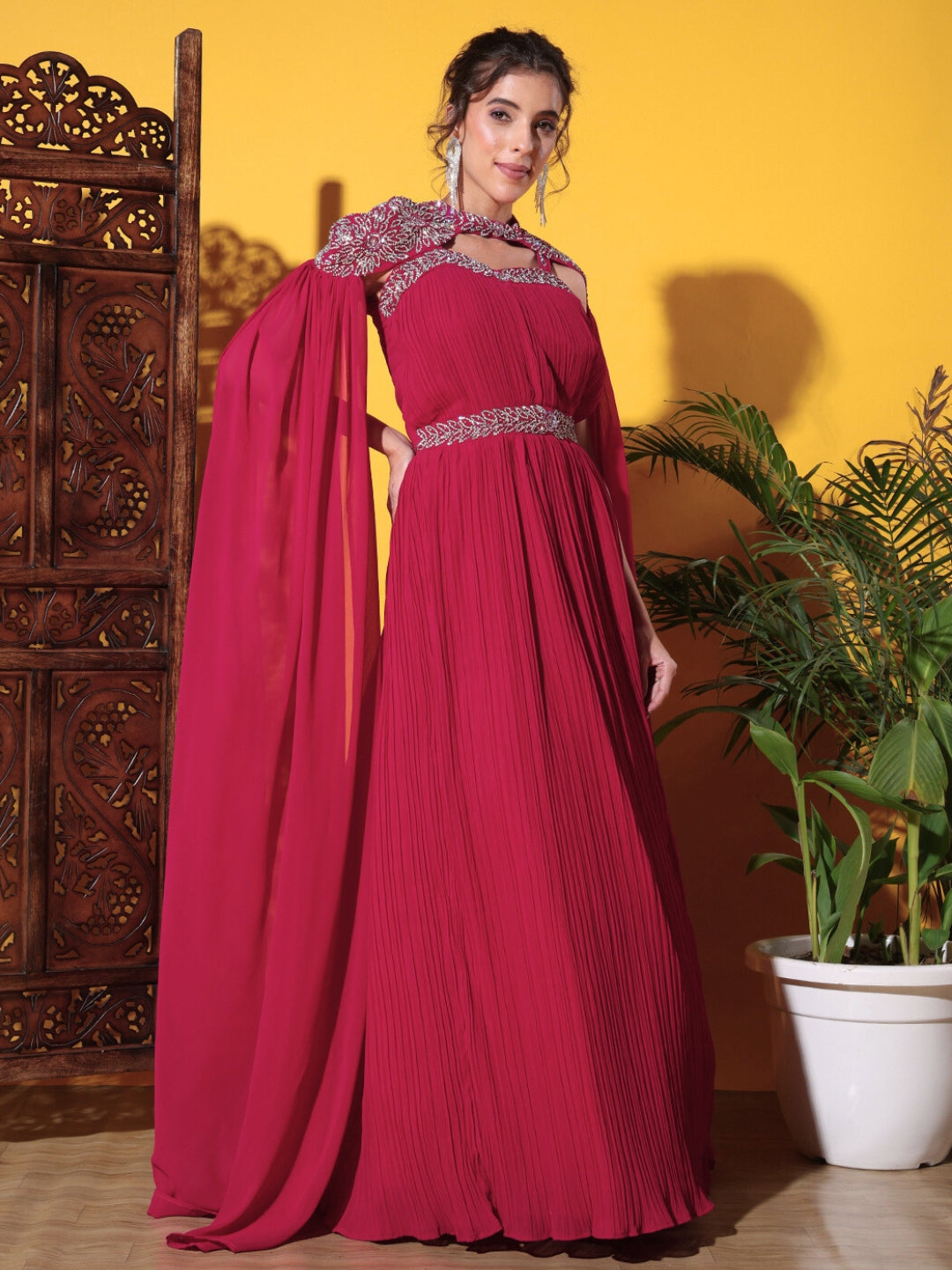 Zircon Embellished Cocktail gown with Accordian Pleats & Removable Waterfall sleeves