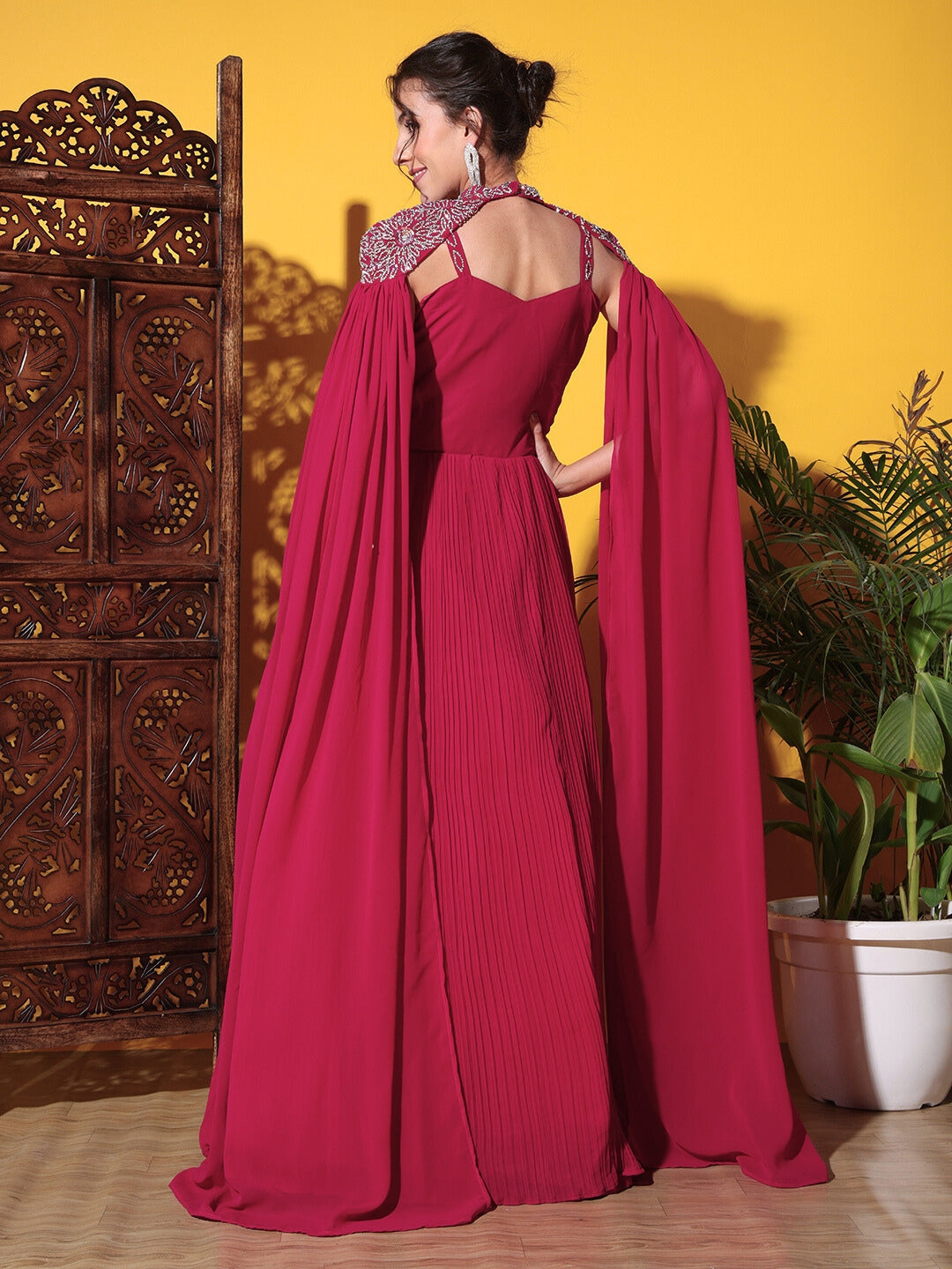 Zircon Embellished Cocktail gown with Accordian Pleats & Removable Waterfall sleeves