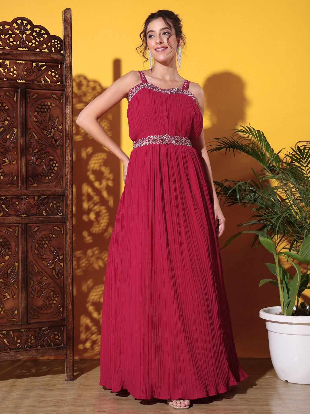 Zircon Embellished Cocktail gown with Accordian Pleats & Removable Waterfall sleeves