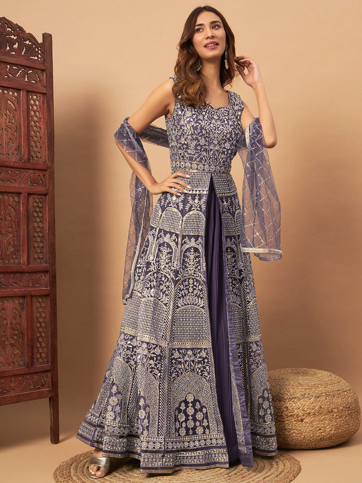 Mirror Embroidered Long Front Slit Jacket style Kurta with Accordian Pleated Skirt