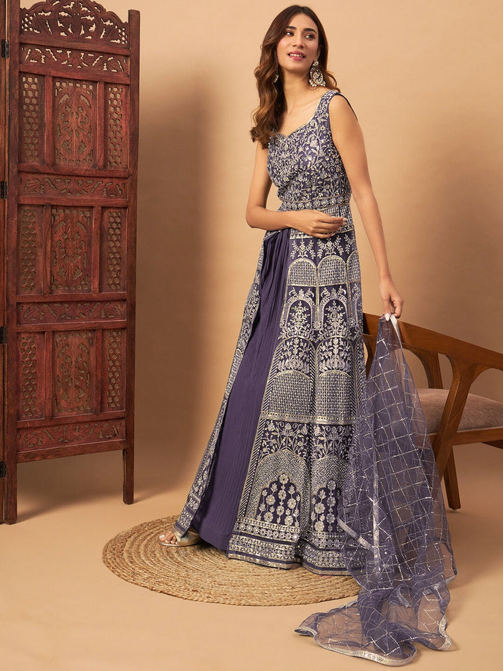 Mirror Embroidered Long Front Slit Jacket style Kurta with Accordian Pleated Skirt