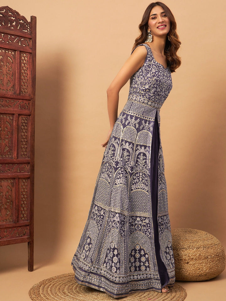 Mirror Embroidered Long Front Slit Jacket style Kurta with Accordian Pleated Skirt