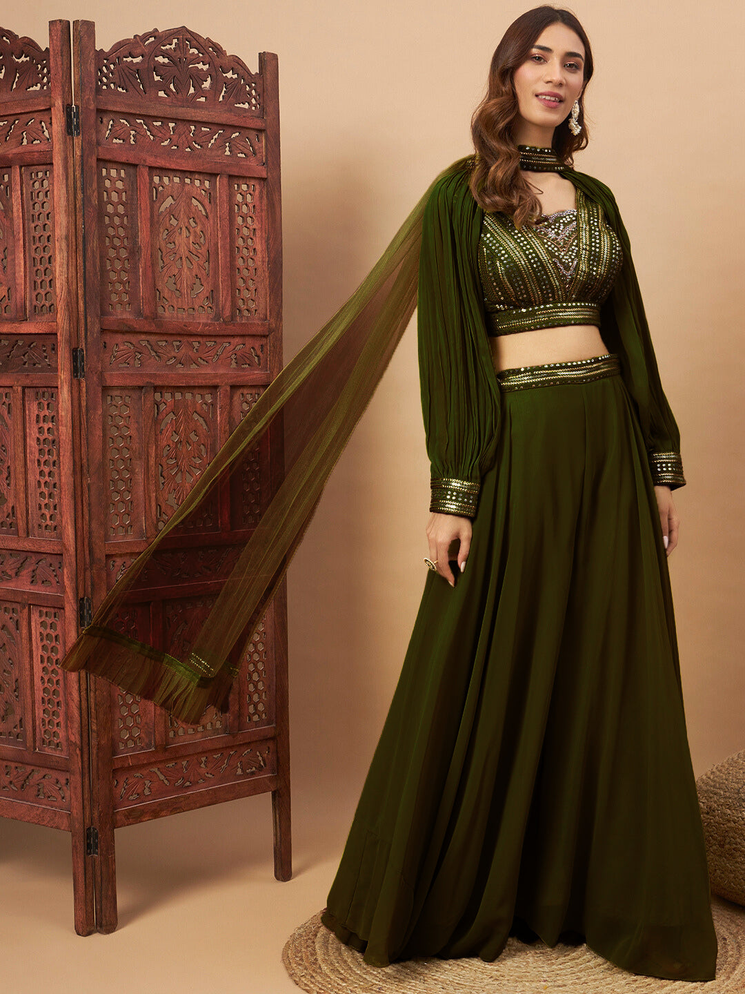 Chhabra 555 Sequin Embellished Crop-Top Palazzo Set with High neck Jasmine style Cape Sleeves 