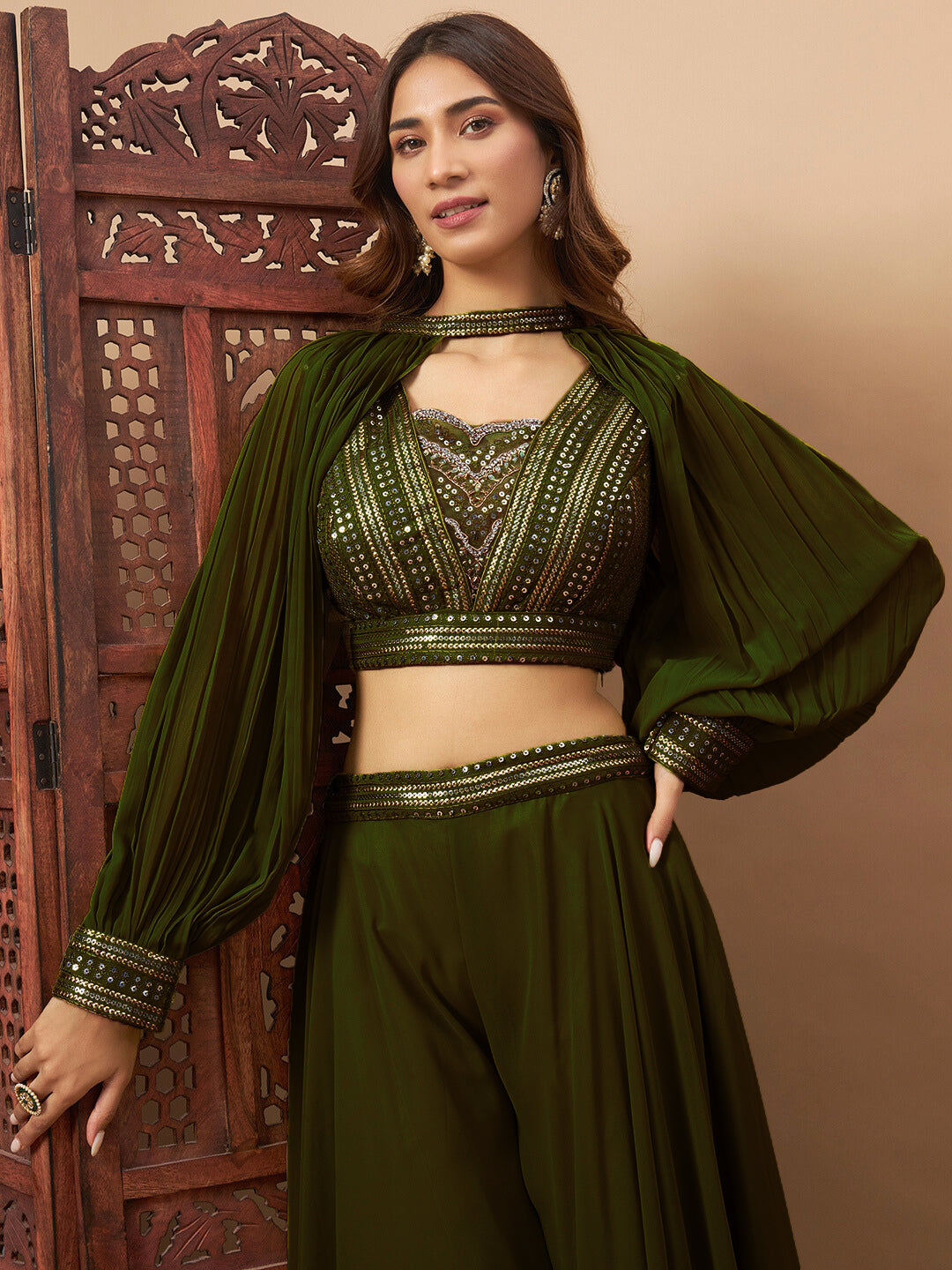 Sequin Embellished Crop-Top Palazzo Set with High neck Jasmine style Cape Sleeves