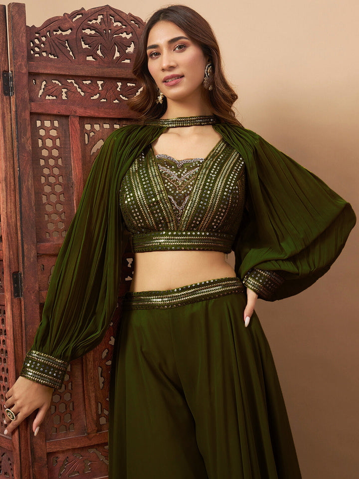 Sequin Embellished Crop-Top Palazzo Set with High neck Jasmine style Cape Sleeves