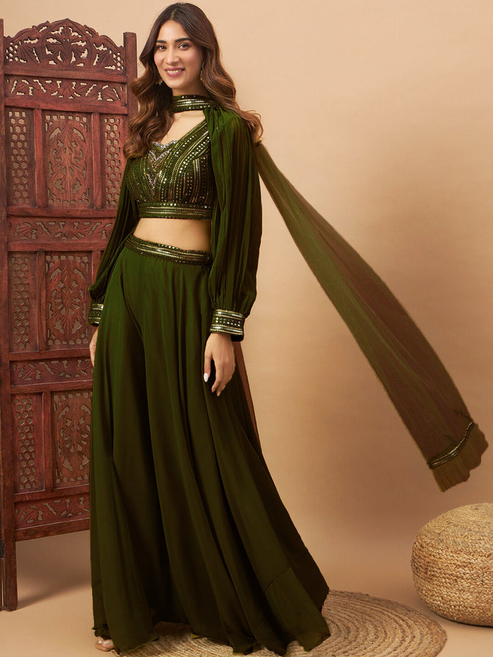 Sequin Embellished Crop-Top Palazzo Set with High neck Jasmine style Cape Sleeves