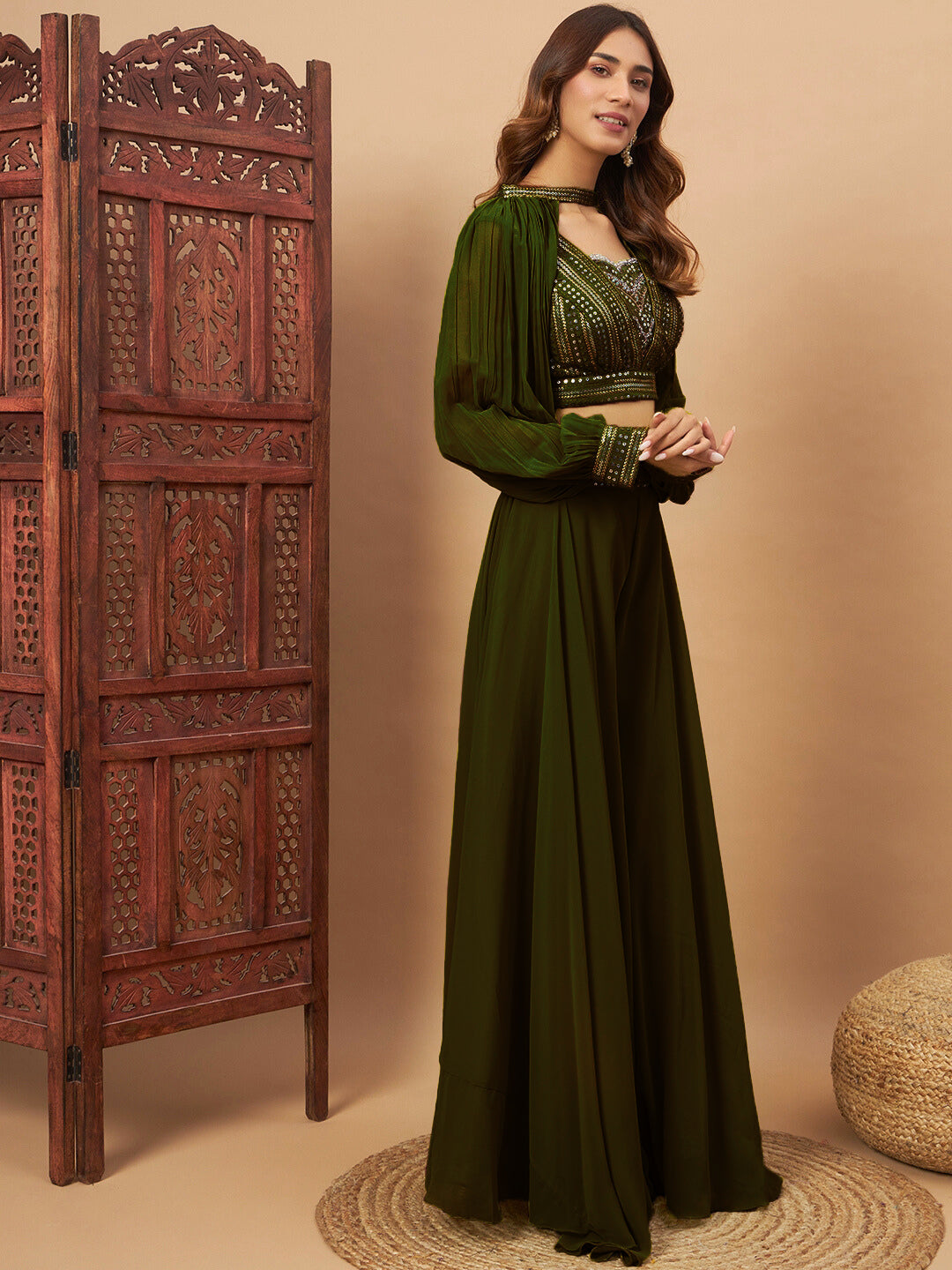 Sequin Embellished Crop-Top Palazzo Set with High neck Jasmine style Cape Sleeves