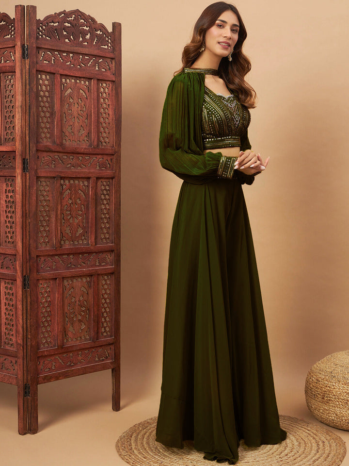 Sequin Embellished Crop-Top Palazzo Set with High neck Jasmine style Cape Sleeves