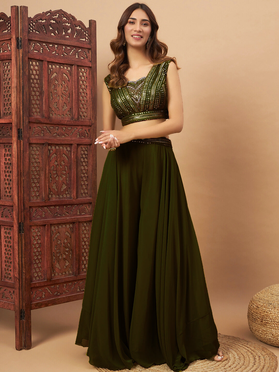 Sequin Embellished Crop-Top Palazzo Set with High neck Jasmine style Cape Sleeves