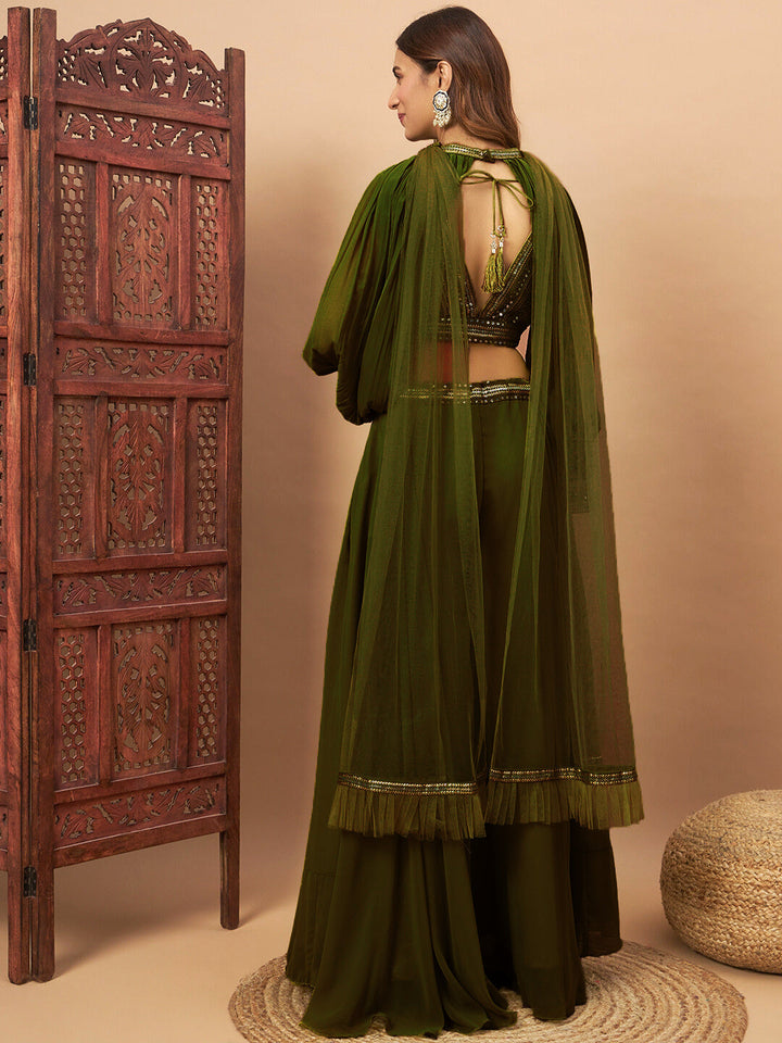 Sequin Embellished Crop-Top Palazzo Set with High neck Jasmine style Cape Sleeves