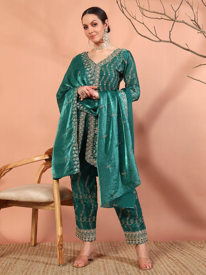 Chhabra 555 Teal Zari Beads & Sequin Embellished Jacket Kurta Pant Set with Embroidery Dupatta