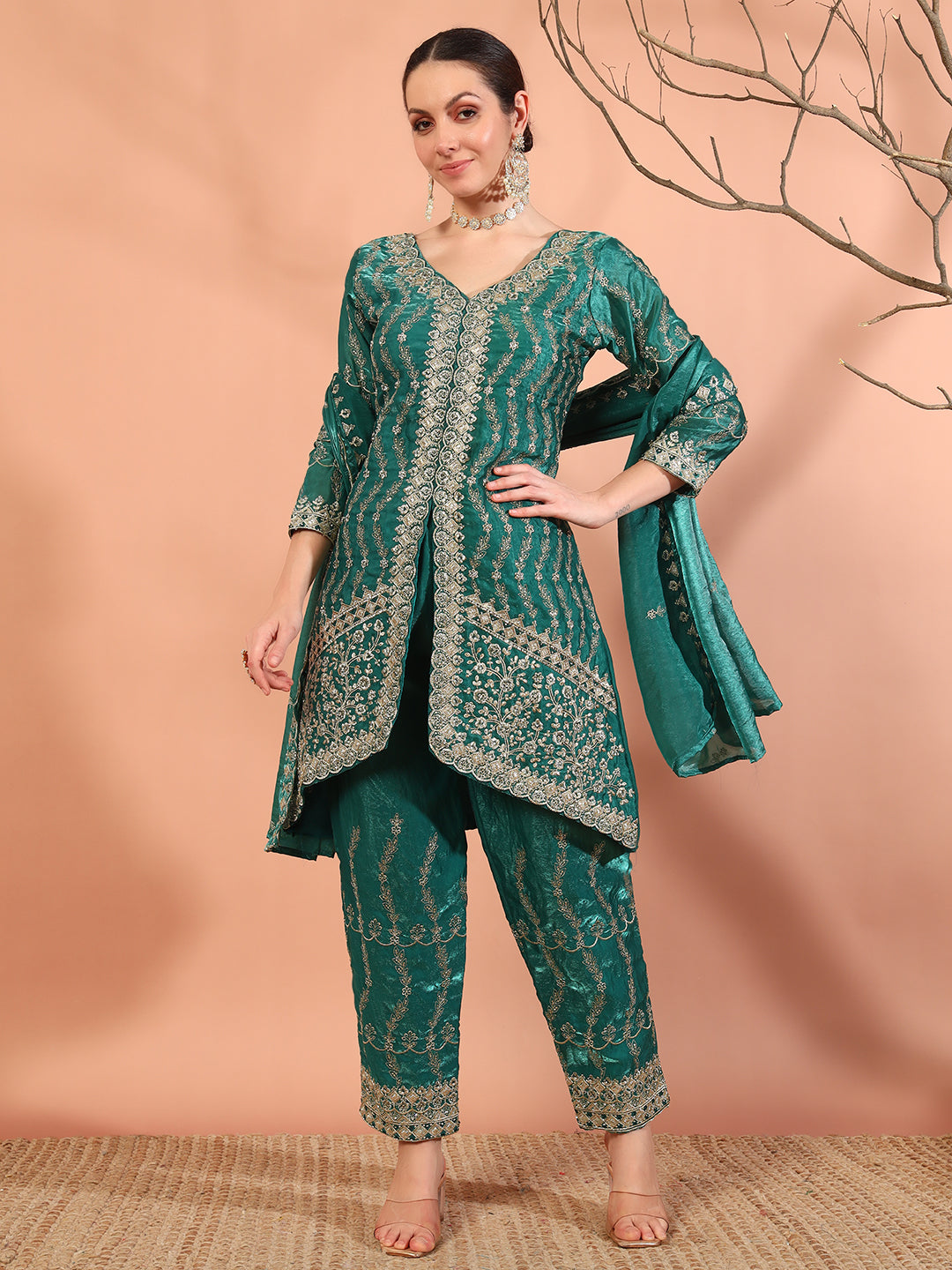 Teal Zari Beads & Sequin Embellished Jacket Kurta Pant Set with Embroidery Dupatta