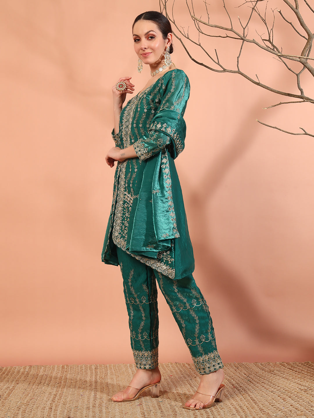 Teal Zari Beads & Sequin Embellished Jacket Kurta Pant Set with Embroidery Dupatta