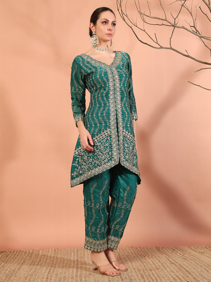 Teal Zari Beads & Sequin Embellished Jacket Kurta Pant Set with Embroidery Dupatta